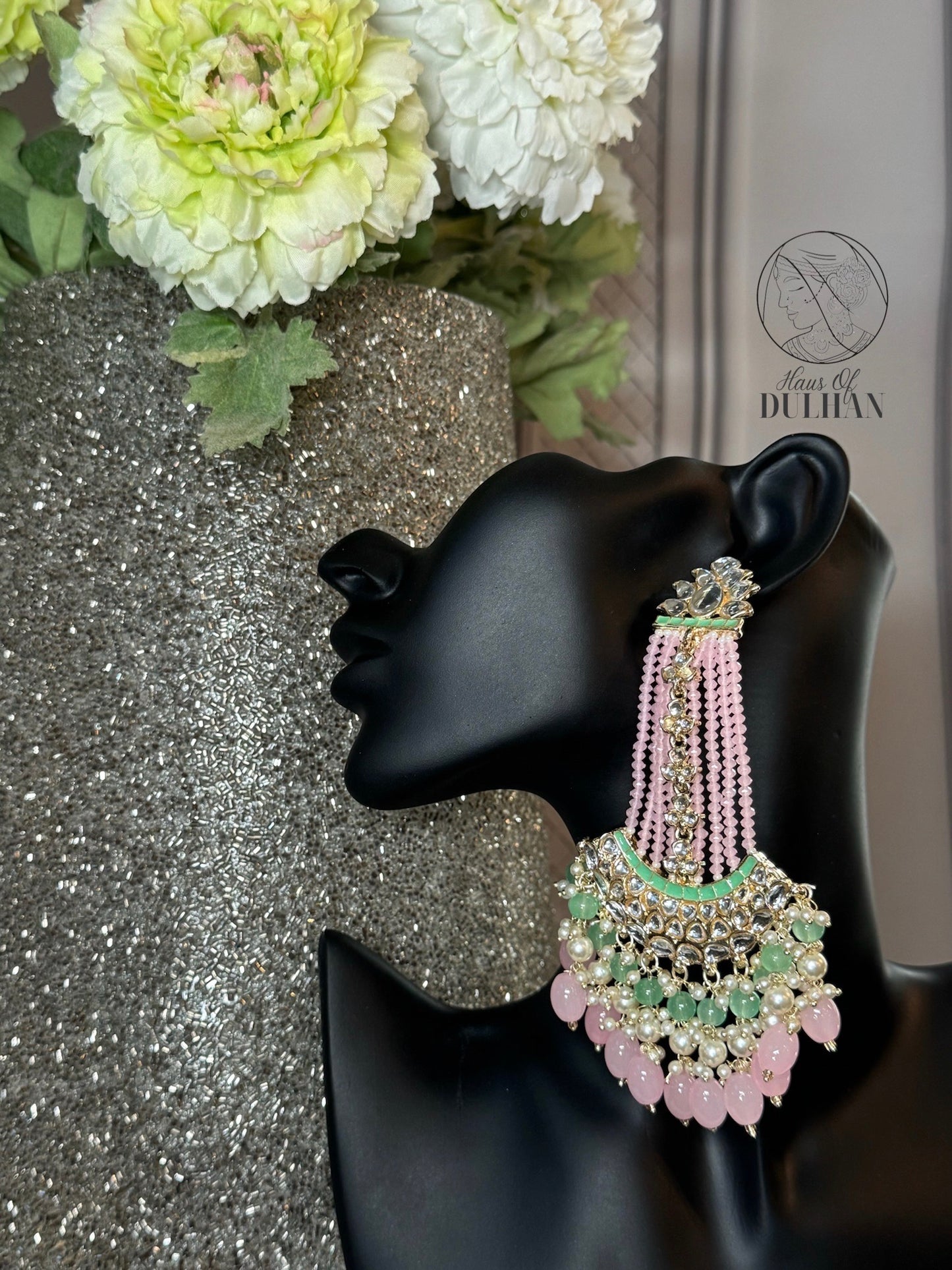 Seher statement earrings in soft pink & pista green