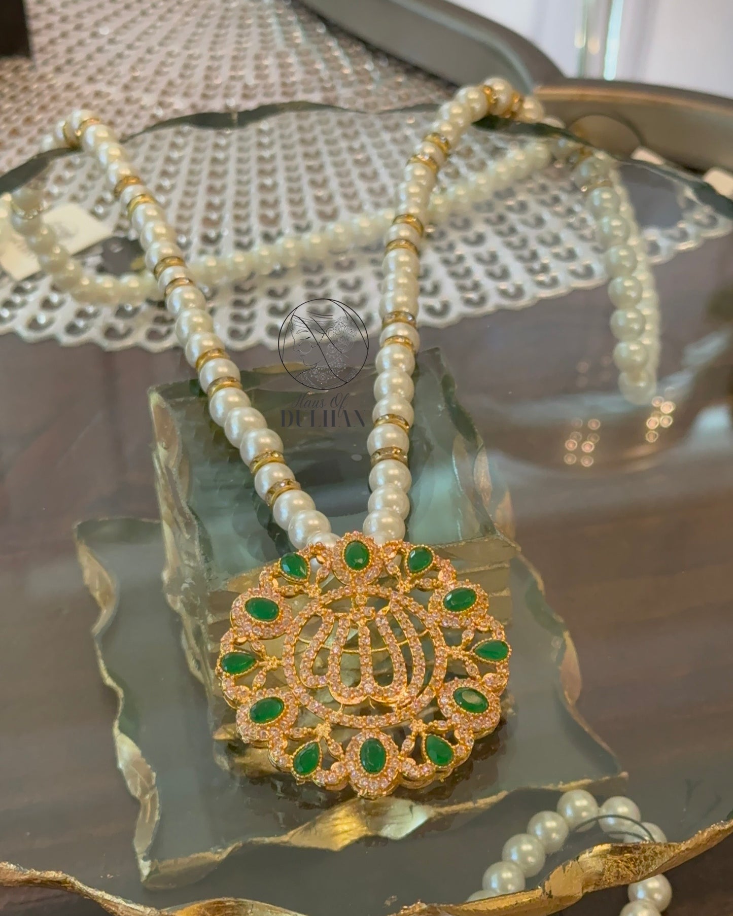 Emerald Allah Pendant & Pearl Mala