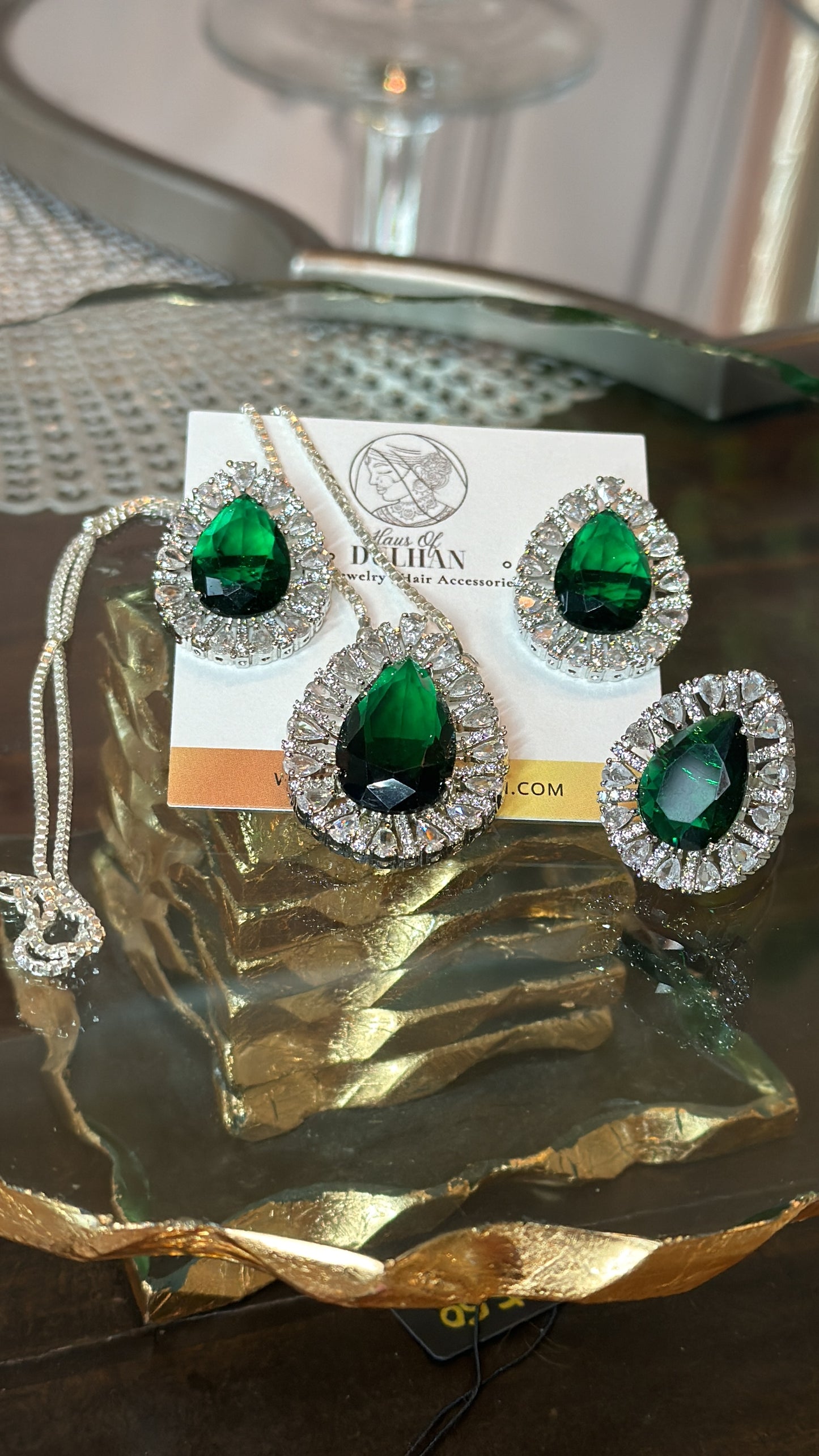 Emerald & Diamond Set with earrings and adjustable ring