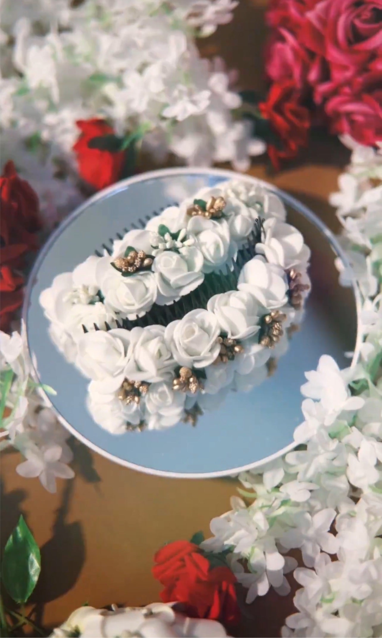 Anaya- White Spray Rose Hair Comb (with Gold and Green Accents)