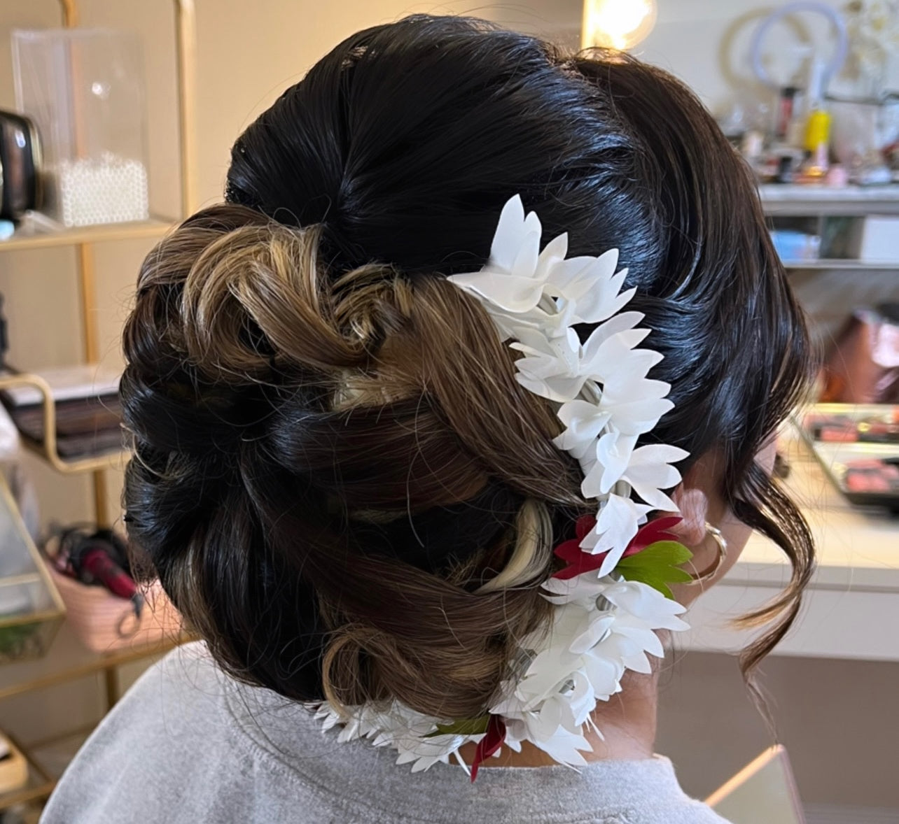 White, red and green floral gajra string