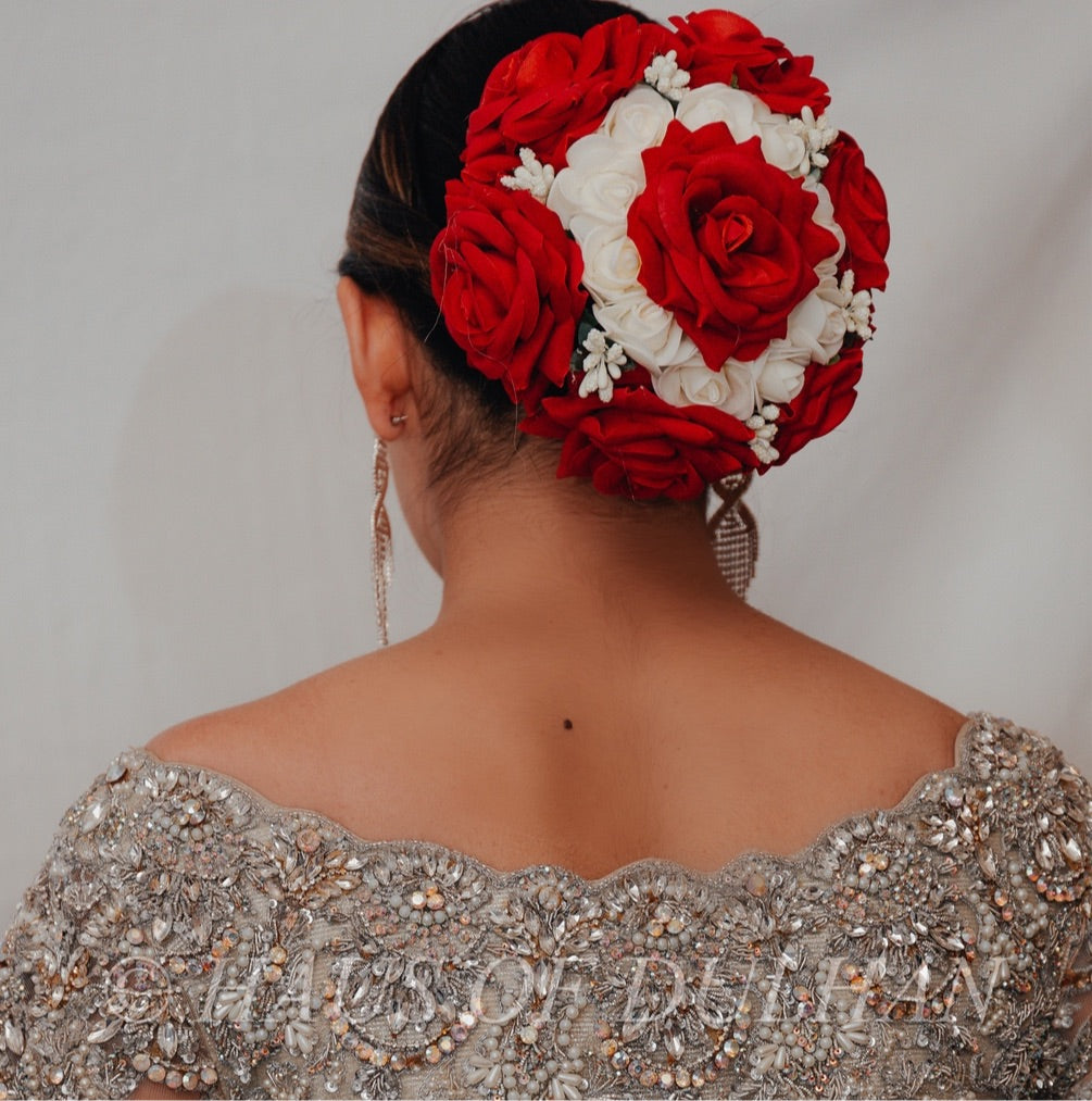 Amira- Red Rose with white accent Floral Bun